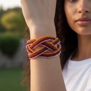 Boho Beaded Multistrand Cuff Bracelet | Red Pink Orange Statement Jewelry